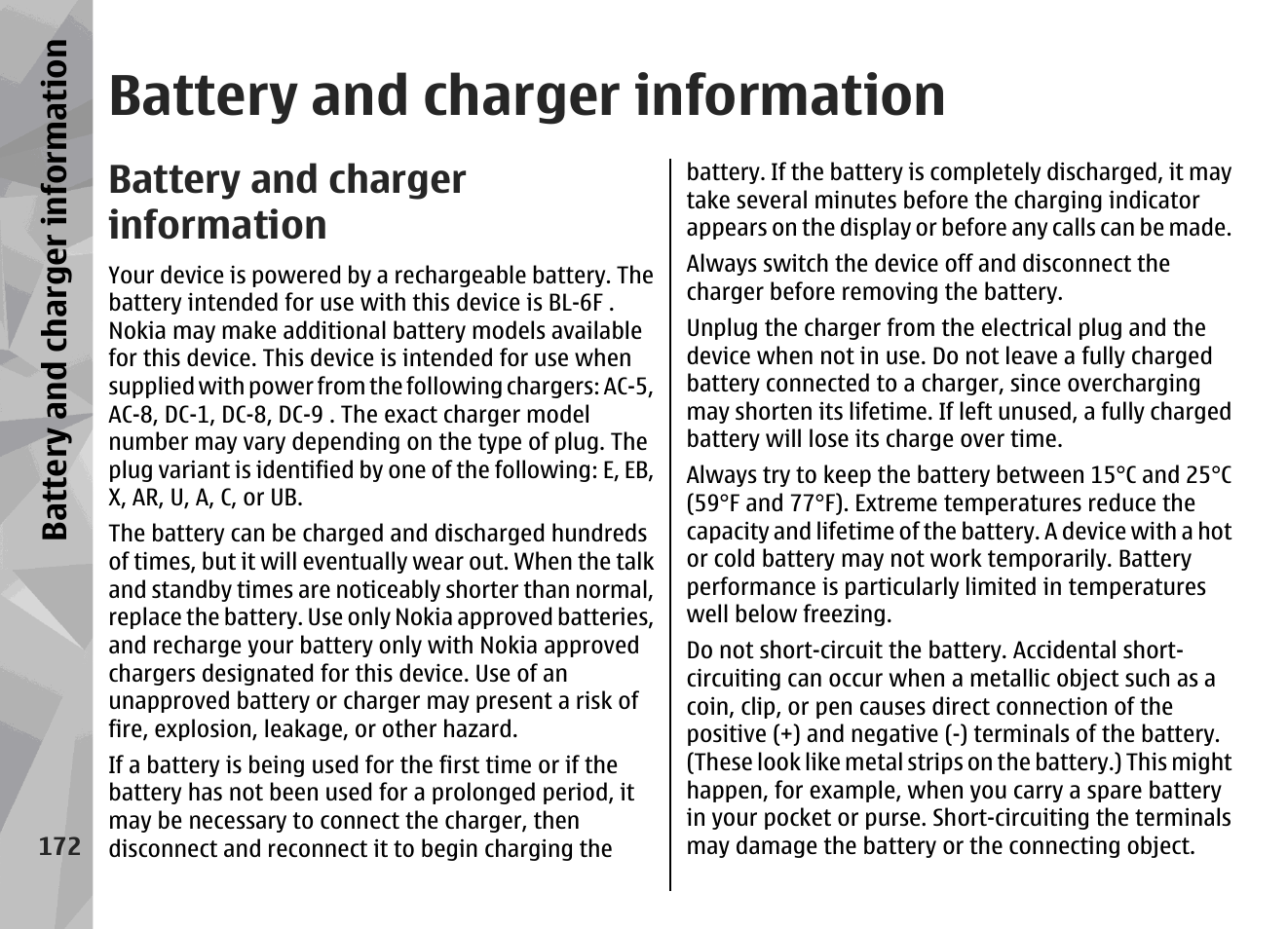 Battery and charger information | Nokia N79 User Manual | Page 172 / 398