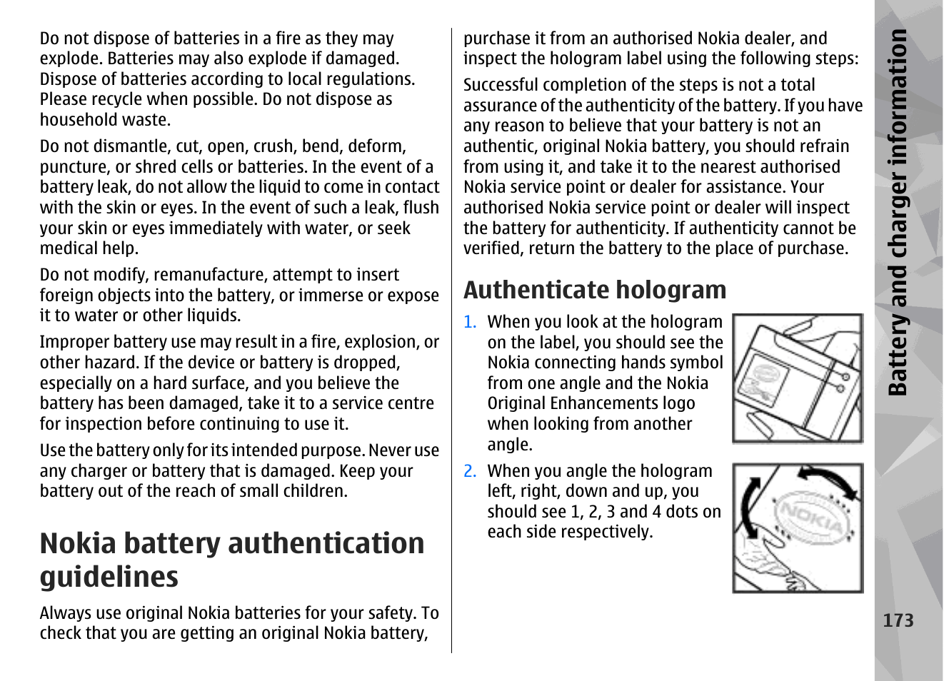 Nokia battery authentication guidelines, Authenticate hologram, Battery and charger information | Nokia N79 User Manual | Page 173 / 398