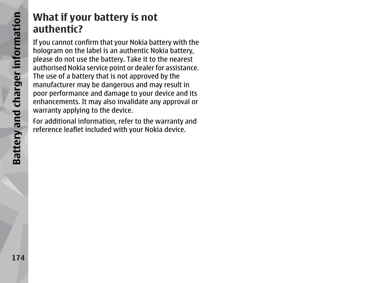 What if your battery is not authentic, Battery and charger information | Nokia N79 User Manual | Page 174 / 398