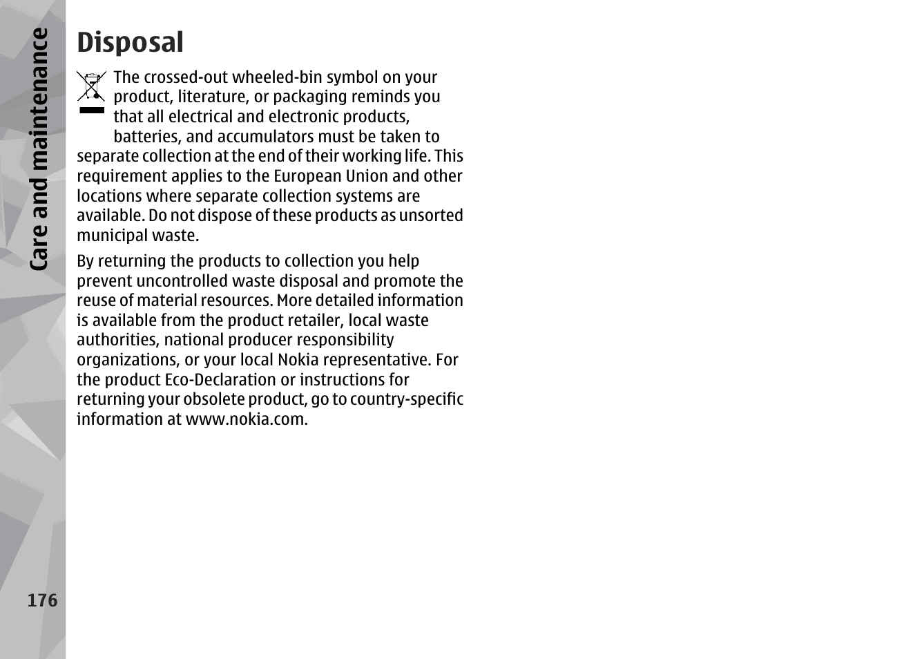 Disposal, Ca re a nd ma intena nce | Nokia N79 User Manual | Page 176 / 398