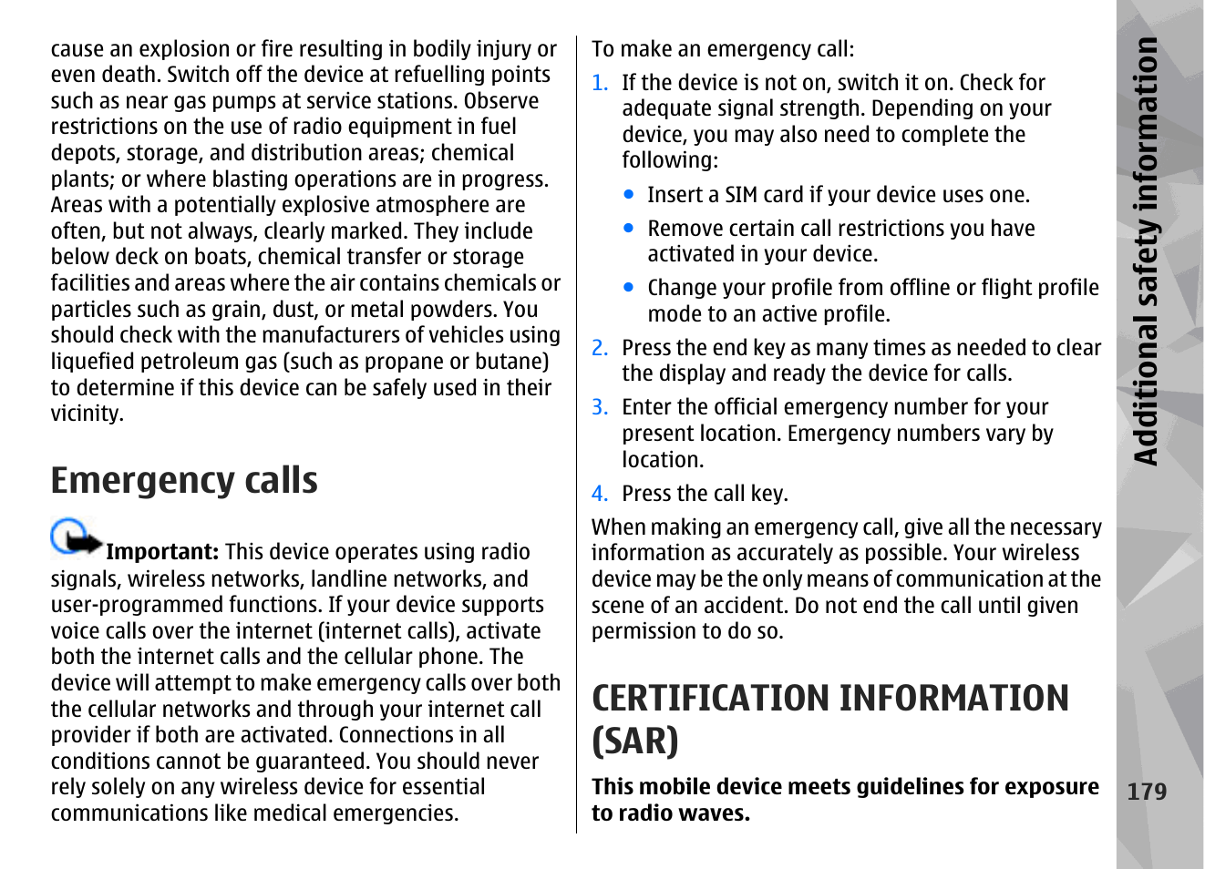 Emergency calls, Certification information (sar), Additional safety information | Nokia N79 User Manual | Page 179 / 398