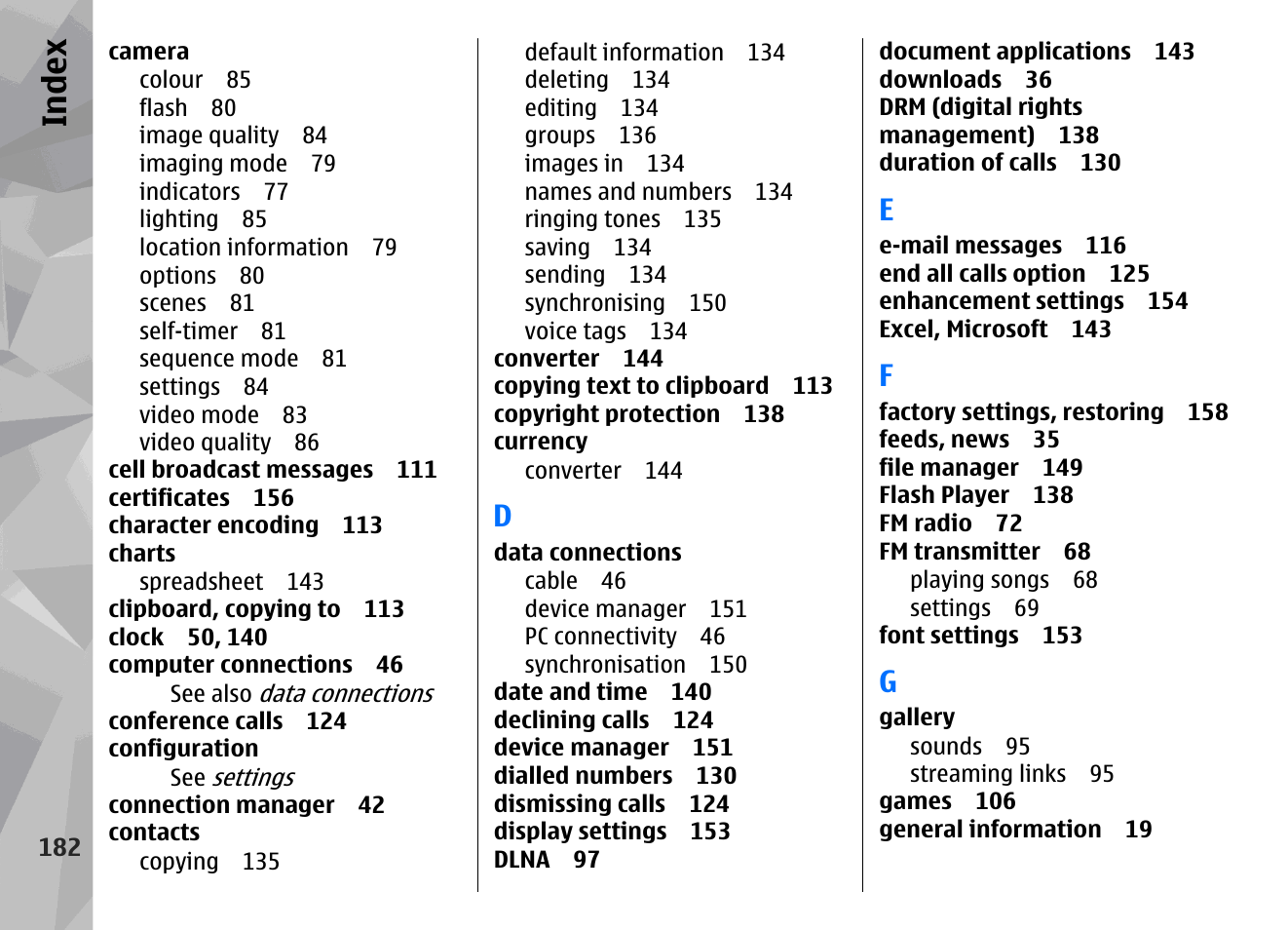 Index | Nokia N79 User Manual | Page 182 / 398