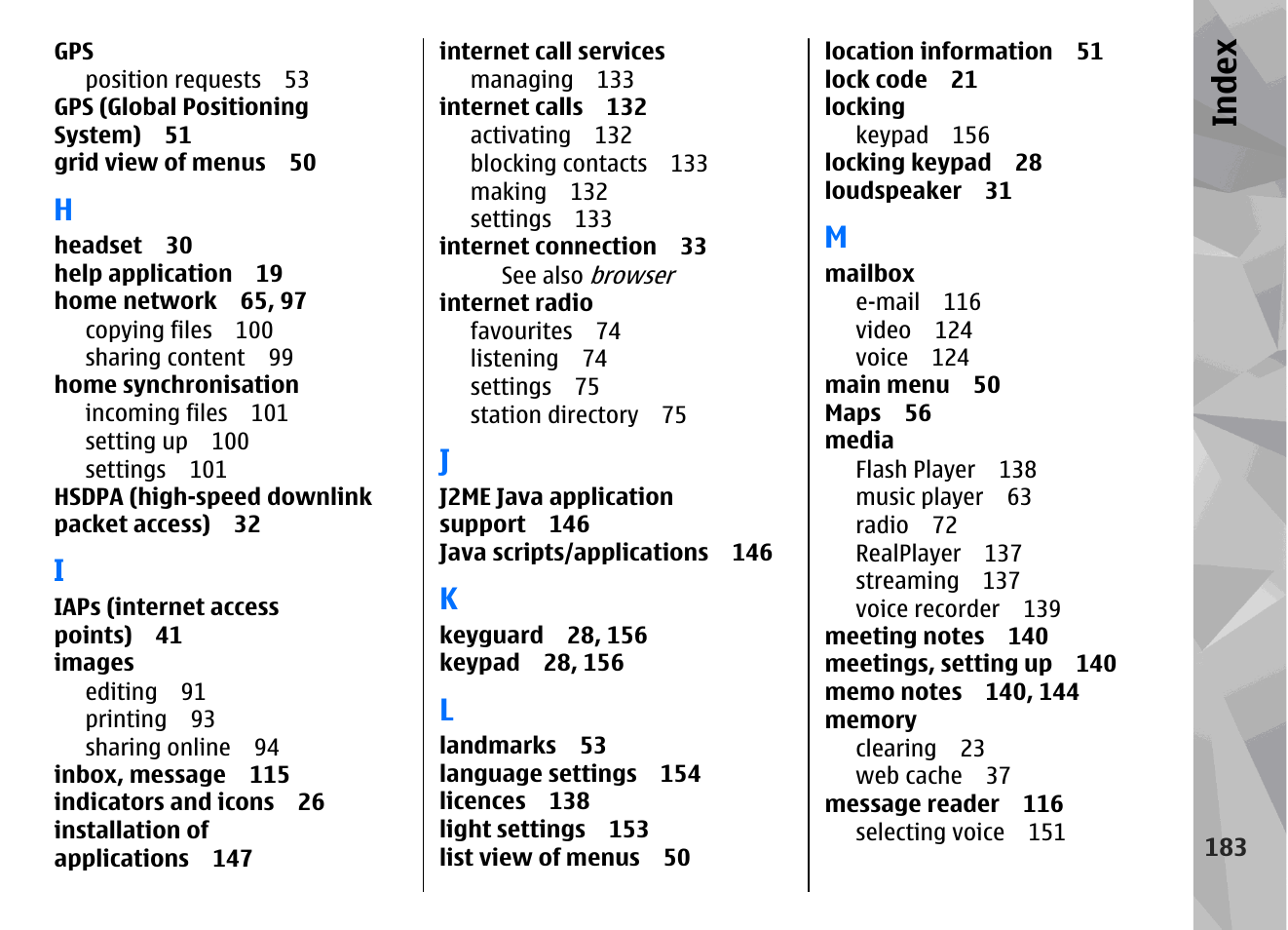 Index | Nokia N79 User Manual | Page 183 / 398