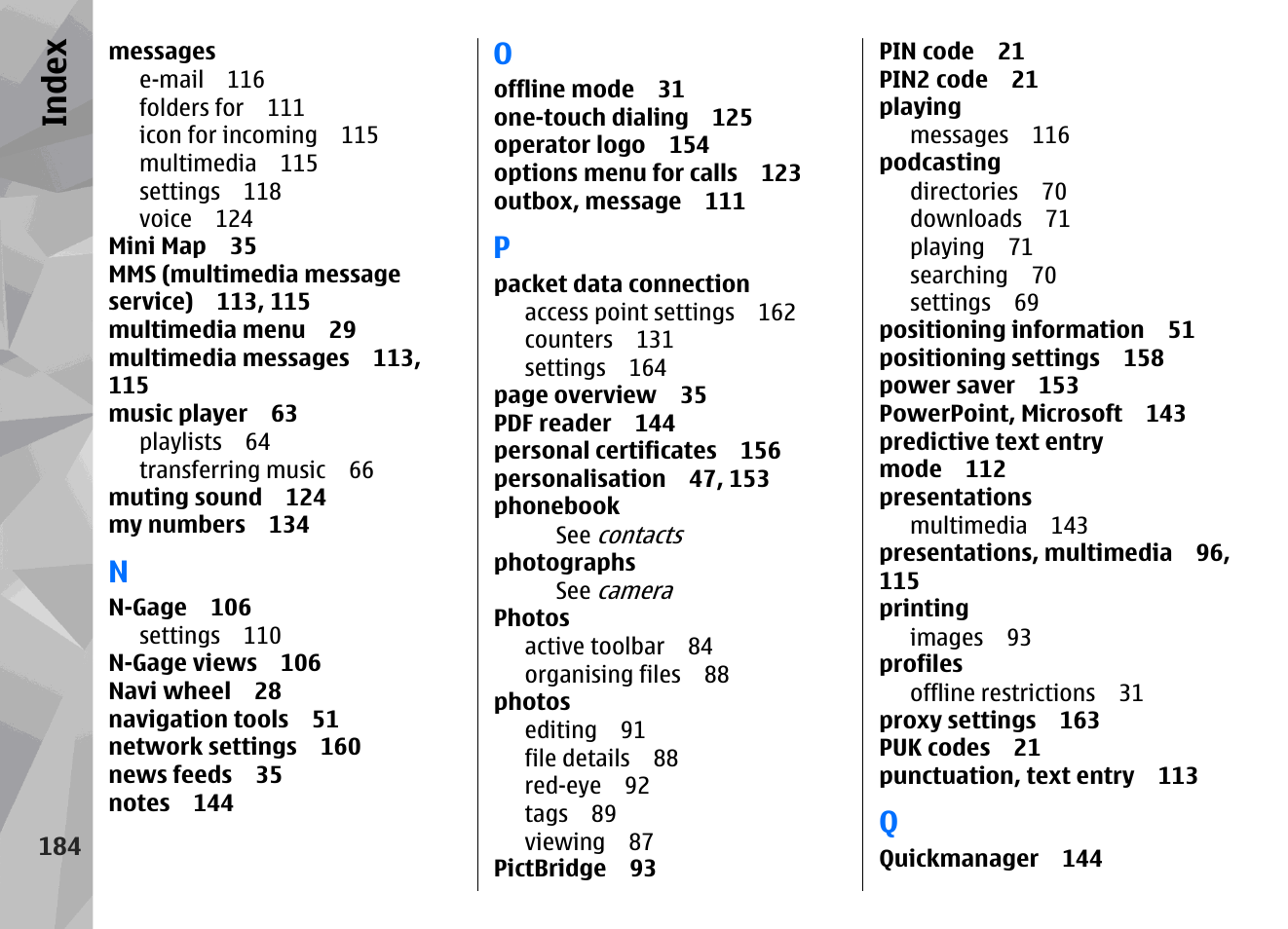 Index | Nokia N79 User Manual | Page 184 / 398