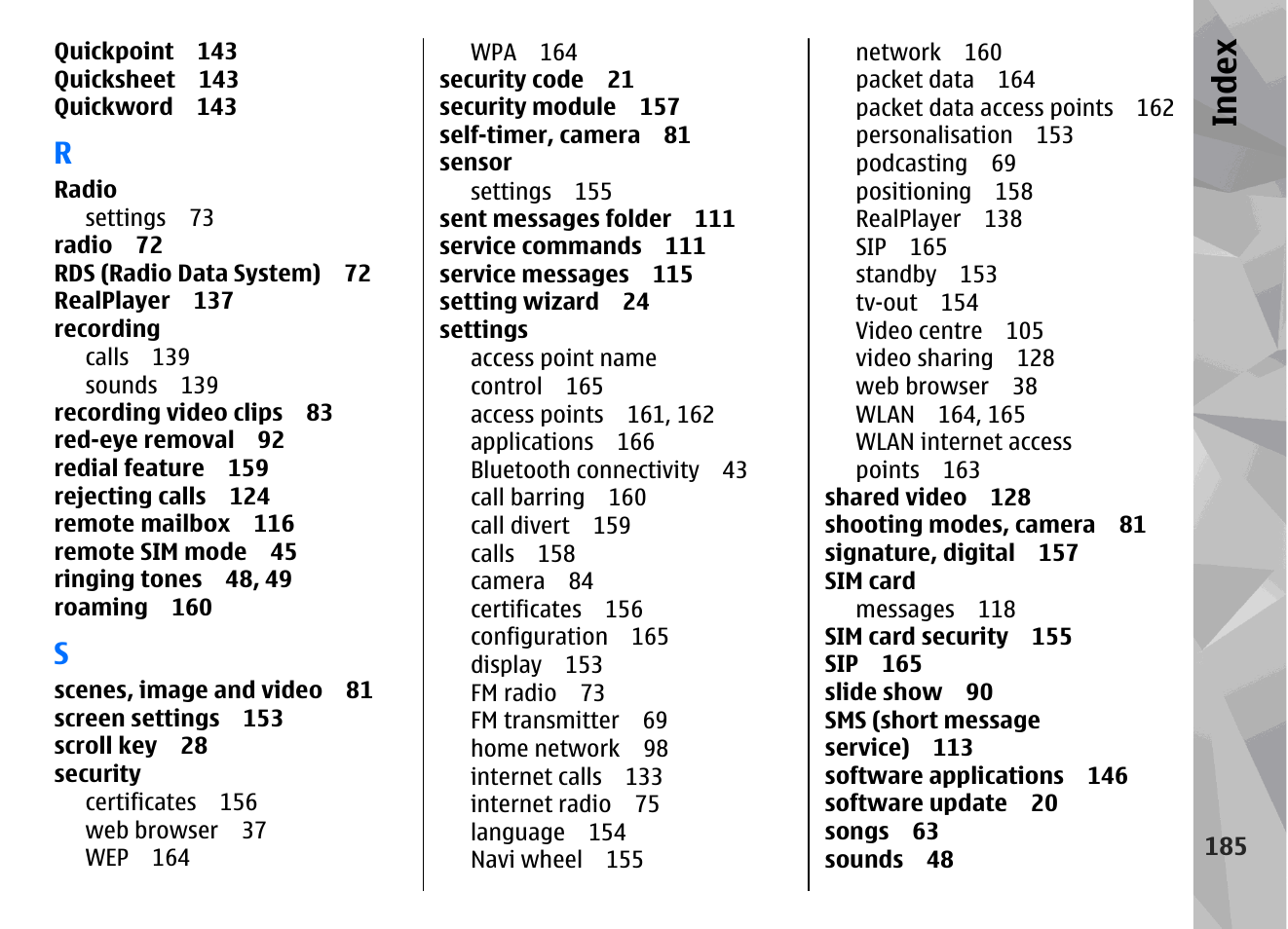 Index | Nokia N79 User Manual | Page 185 / 398