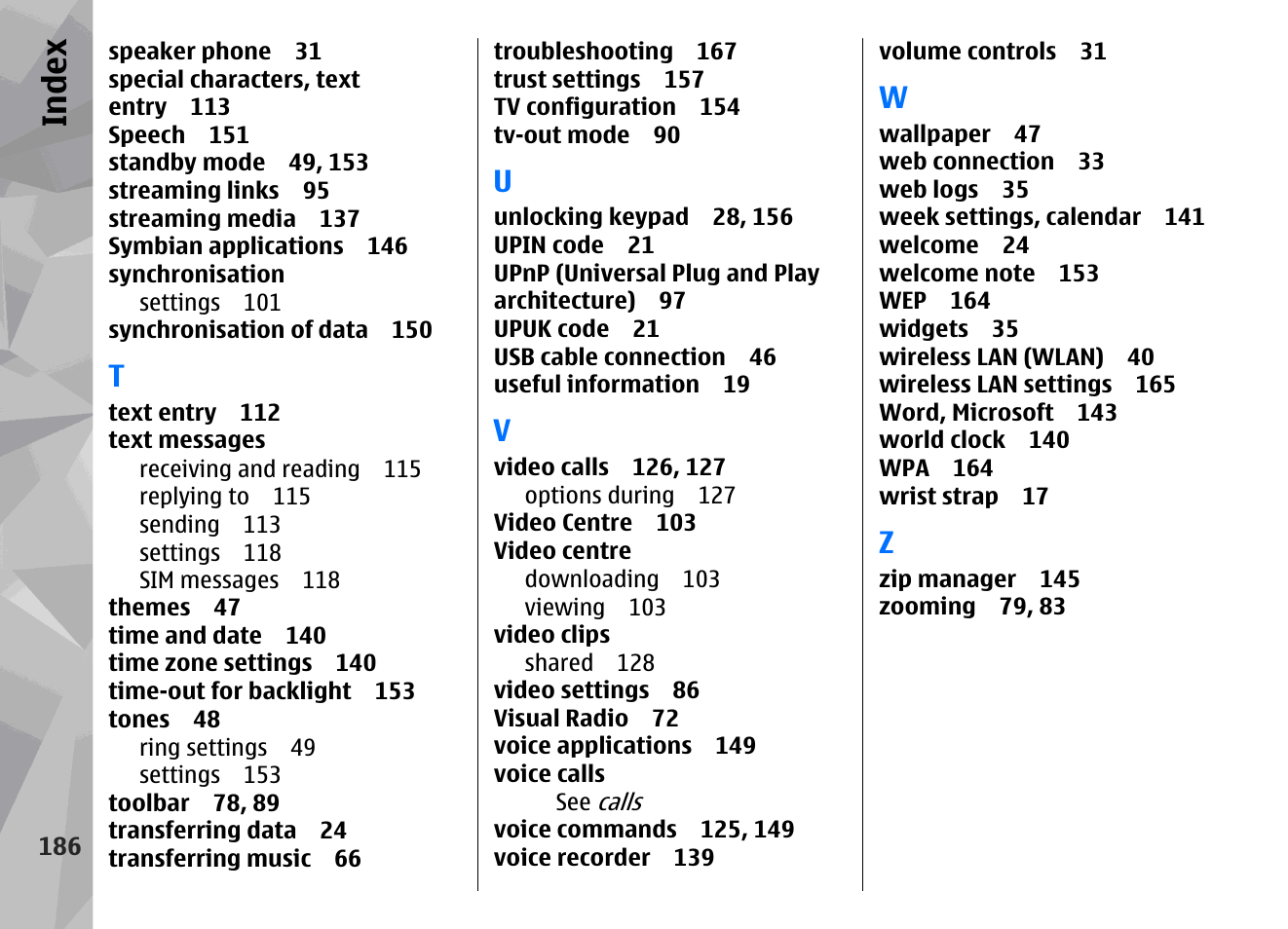 Index | Nokia N79 User Manual | Page 186 / 398