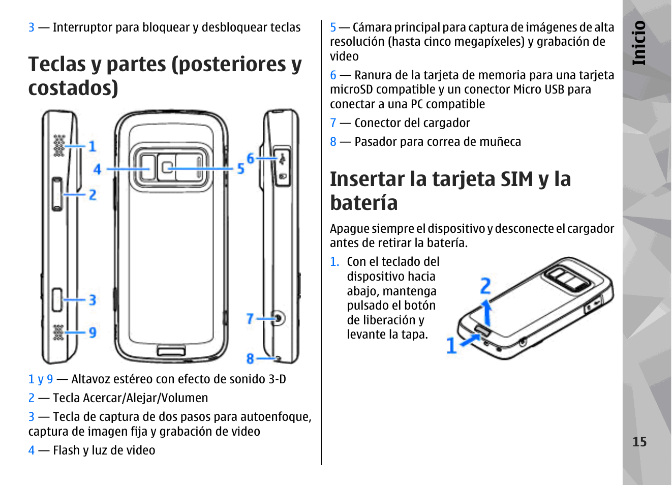 Teclas y partes (posteriores y costados), Insertar la tarjeta sim y la batería, Inicio | Nokia N79 User Manual | Page 201 / 398