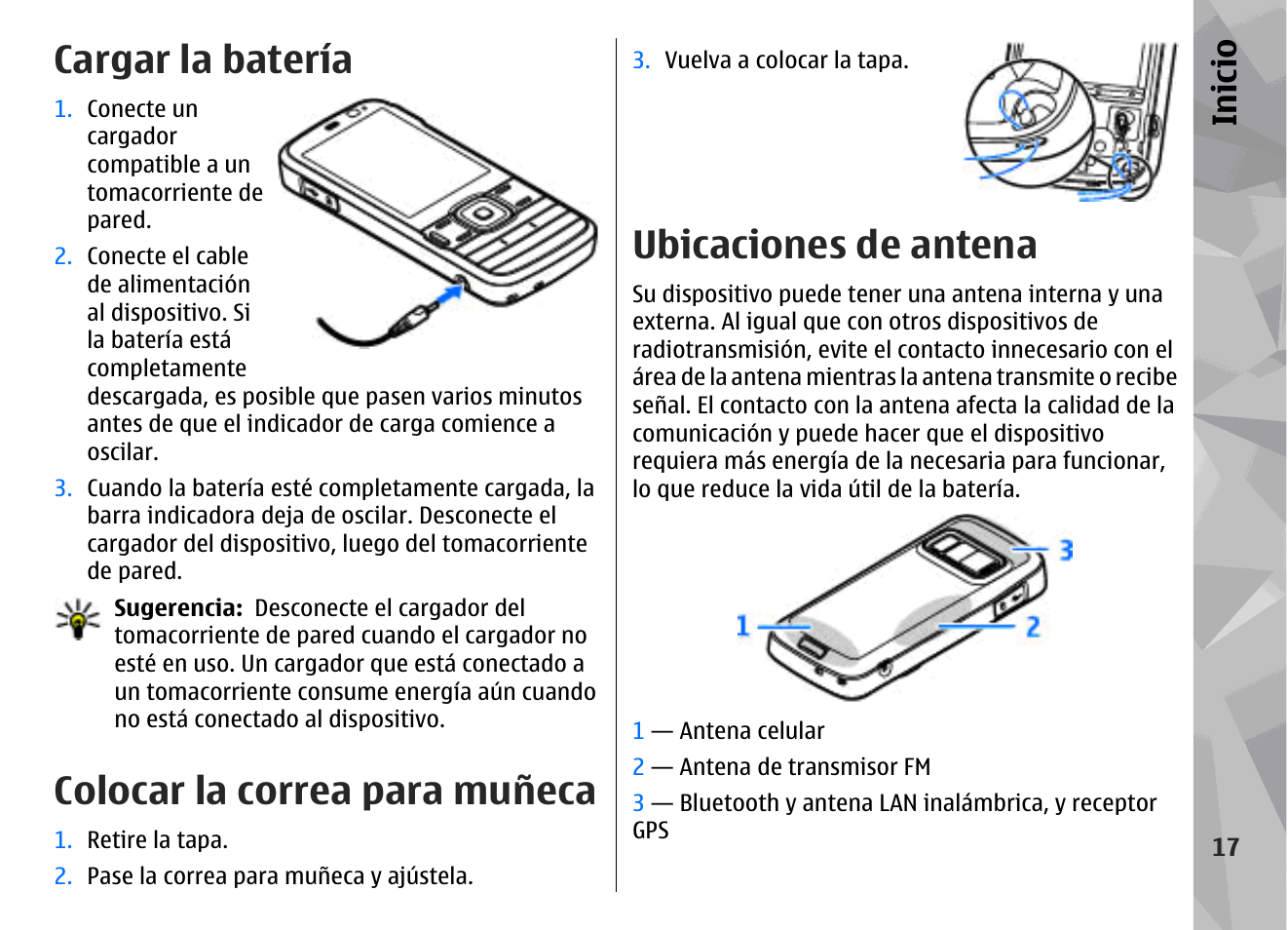 Cargar la batería, Colocar la correa para muñeca, Ubicaciones de antena | Inicio | Nokia N79 User Manual | Page 203 / 398