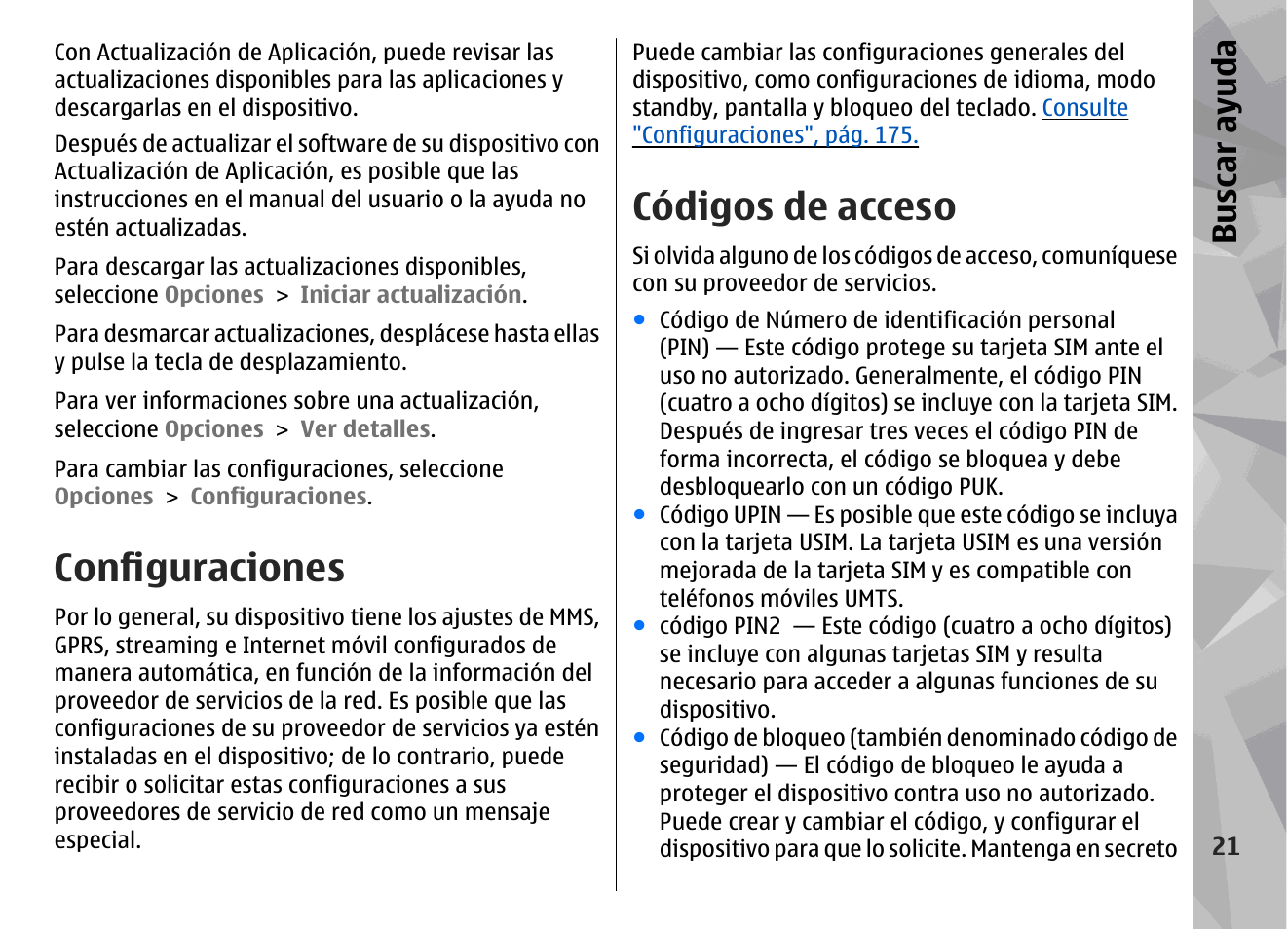 Configuraciones, Códigos de acceso, Bu sc ar ay ud a | Nokia N79 User Manual | Page 207 / 398