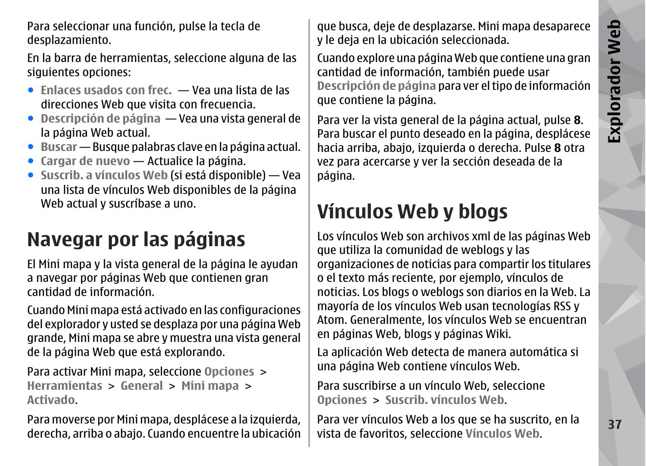 Vínculos web y blogs, Navegar por las páginas, Expl orad or we b | Nokia N79 User Manual | Page 223 / 398