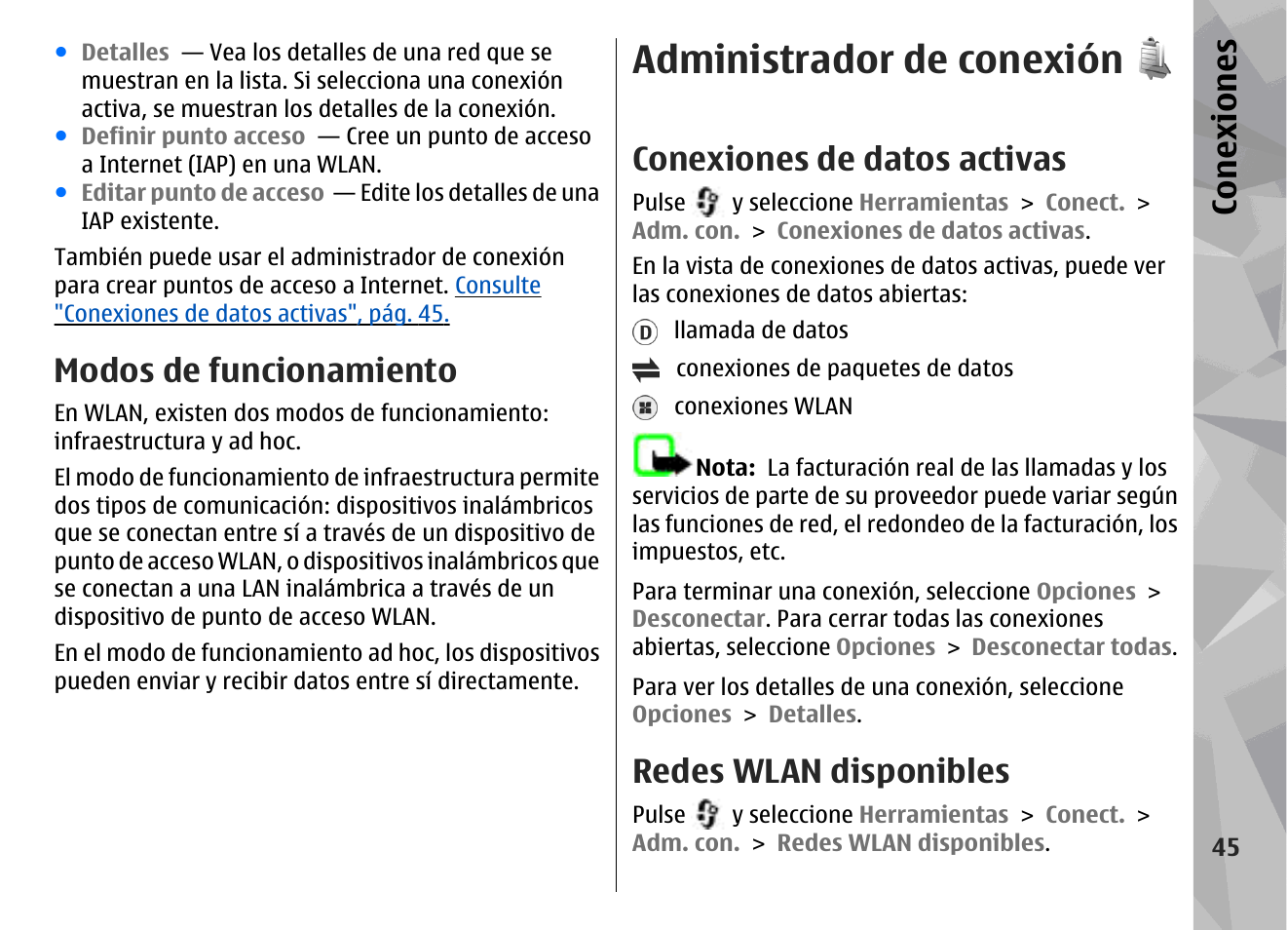 Modos de funcionamiento, Administrador de conexión, Conexiones de datos activas | Redes wlan disponibles, Conexiones | Nokia N79 User Manual | Page 231 / 398