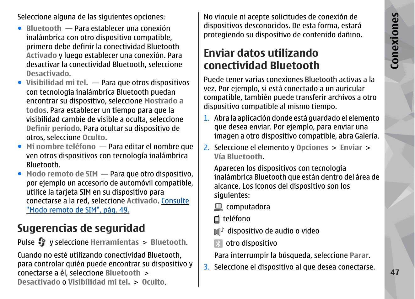 Sugerencias de seguridad, Enviar datos utilizando conectividad bluetooth, Conexiones | Nokia N79 User Manual | Page 233 / 398