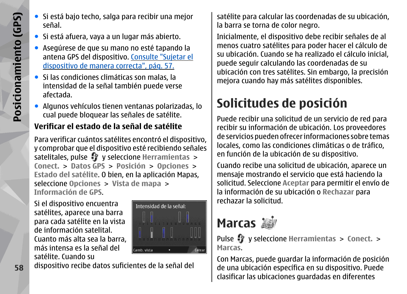 Solicitudes de posición, Marcas, Posicionamiento (gps) | Nokia N79 User Manual | Page 244 / 398