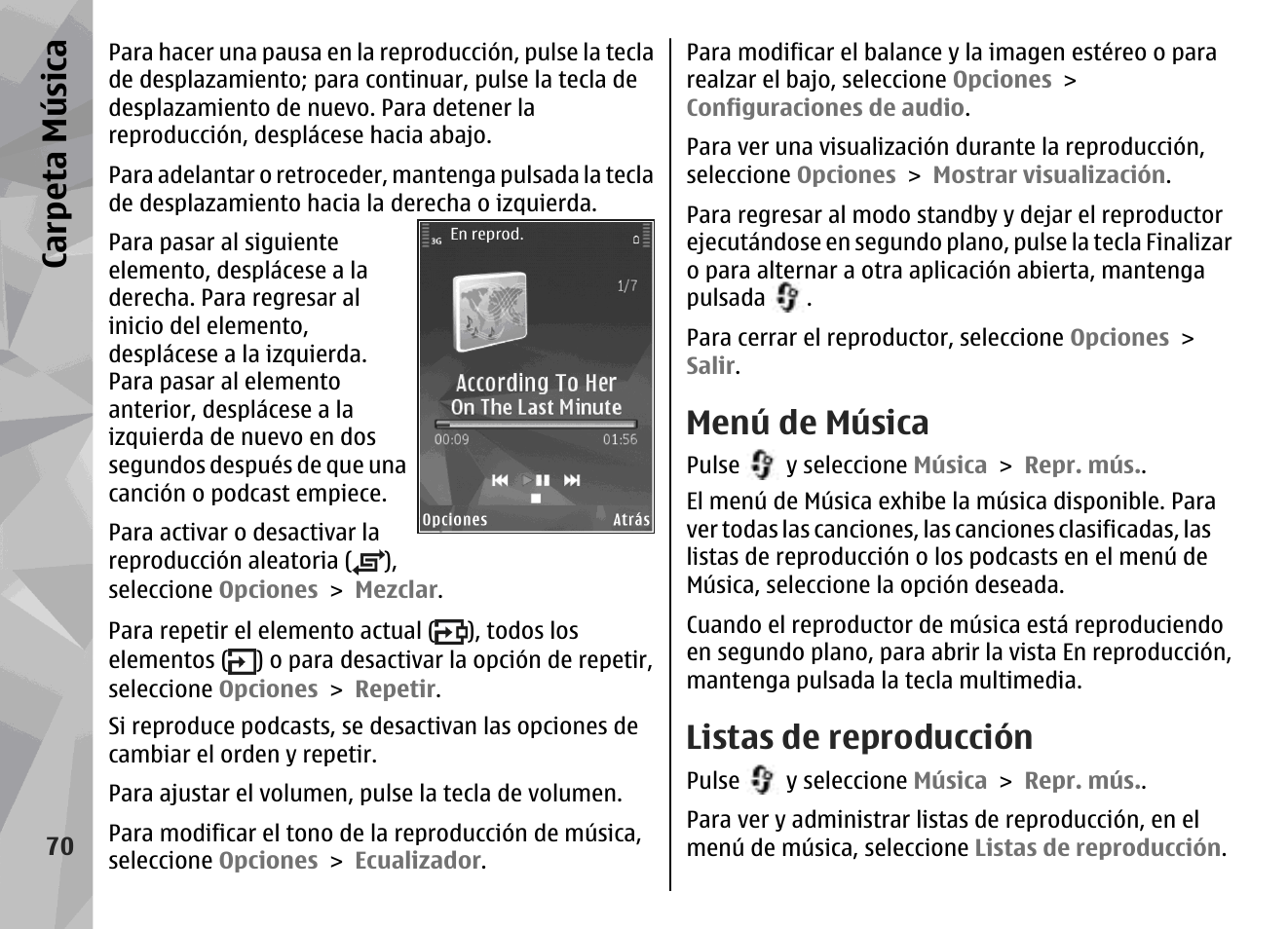 Menú música, Listas de reproducción, Menú de música | Carp eta música | Nokia N79 User Manual | Page 256 / 398