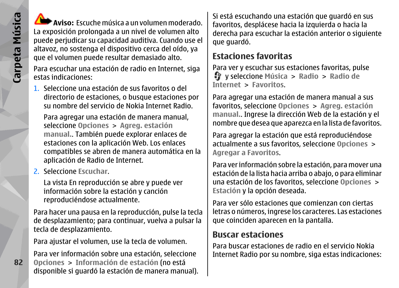 Estaciones favoritas, Buscar estaciones, Carp eta música | Nokia N79 User Manual | Page 268 / 398