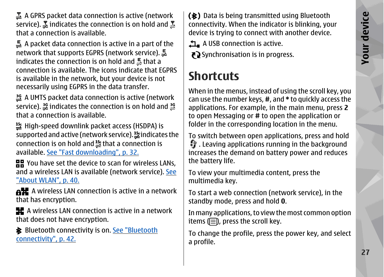 Shortcuts, Your device | Nokia N79 User Manual | Page 27 / 398