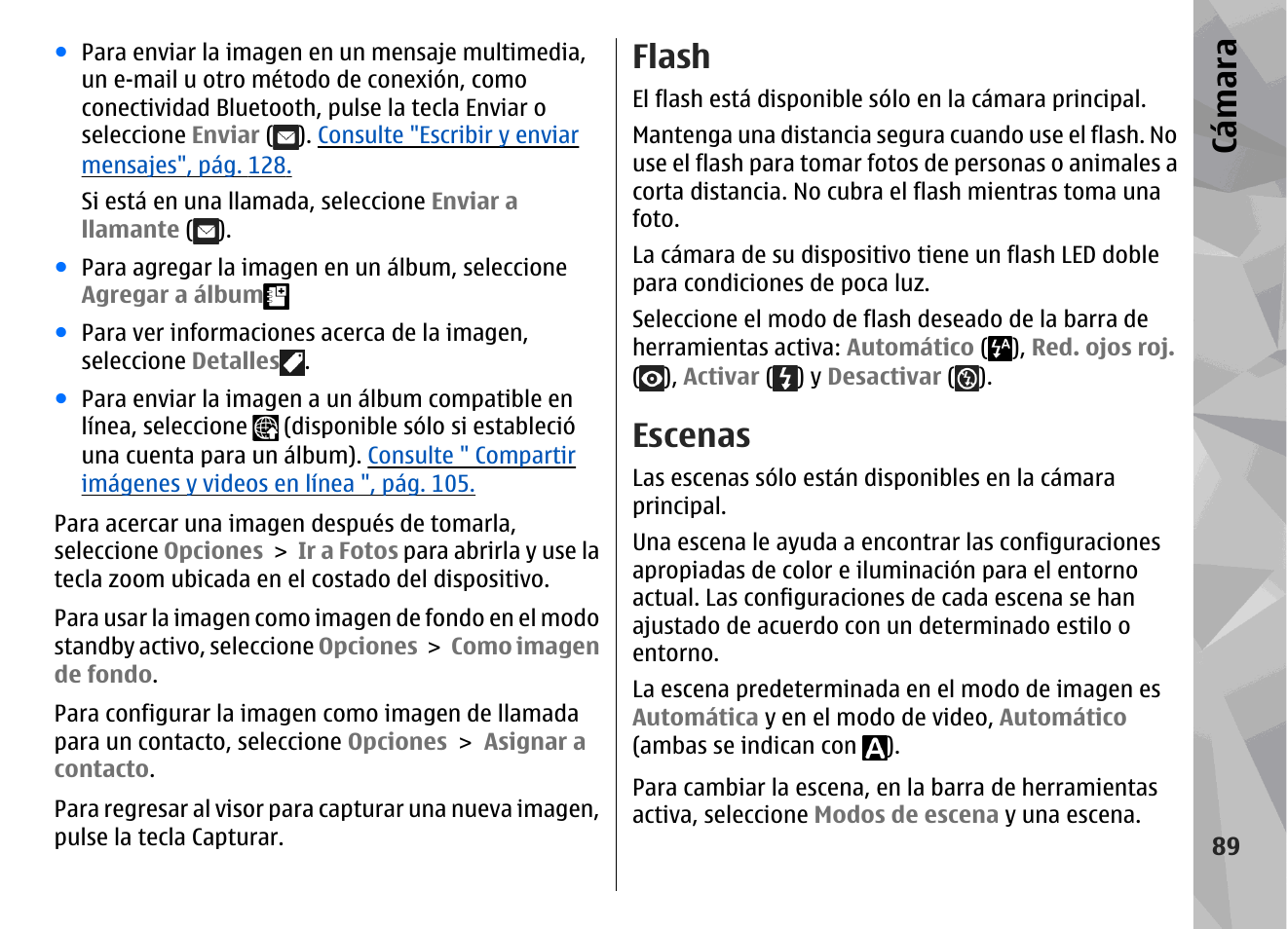 Flash, Escenas, Cá mara | Nokia N79 User Manual | Page 275 / 398