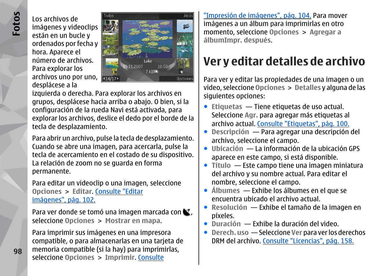 Ver y editar detalles de archivo, Fo to s | Nokia N79 User Manual | Page 284 / 398
