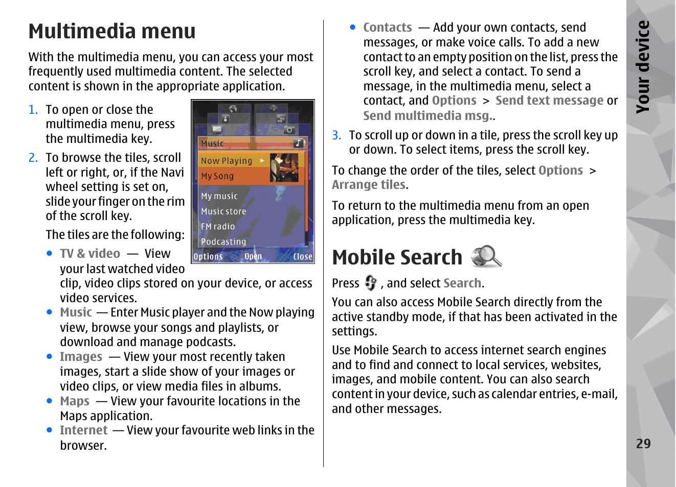 Multimedia menu, Mobile search, Your device | Nokia N79 User Manual | Page 29 / 398