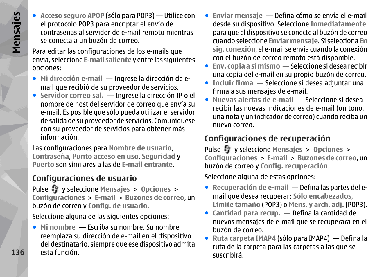 Configuraciones de usuario, Configuraciones de recuperación, Mensajes | Nokia N79 User Manual | Page 322 / 398