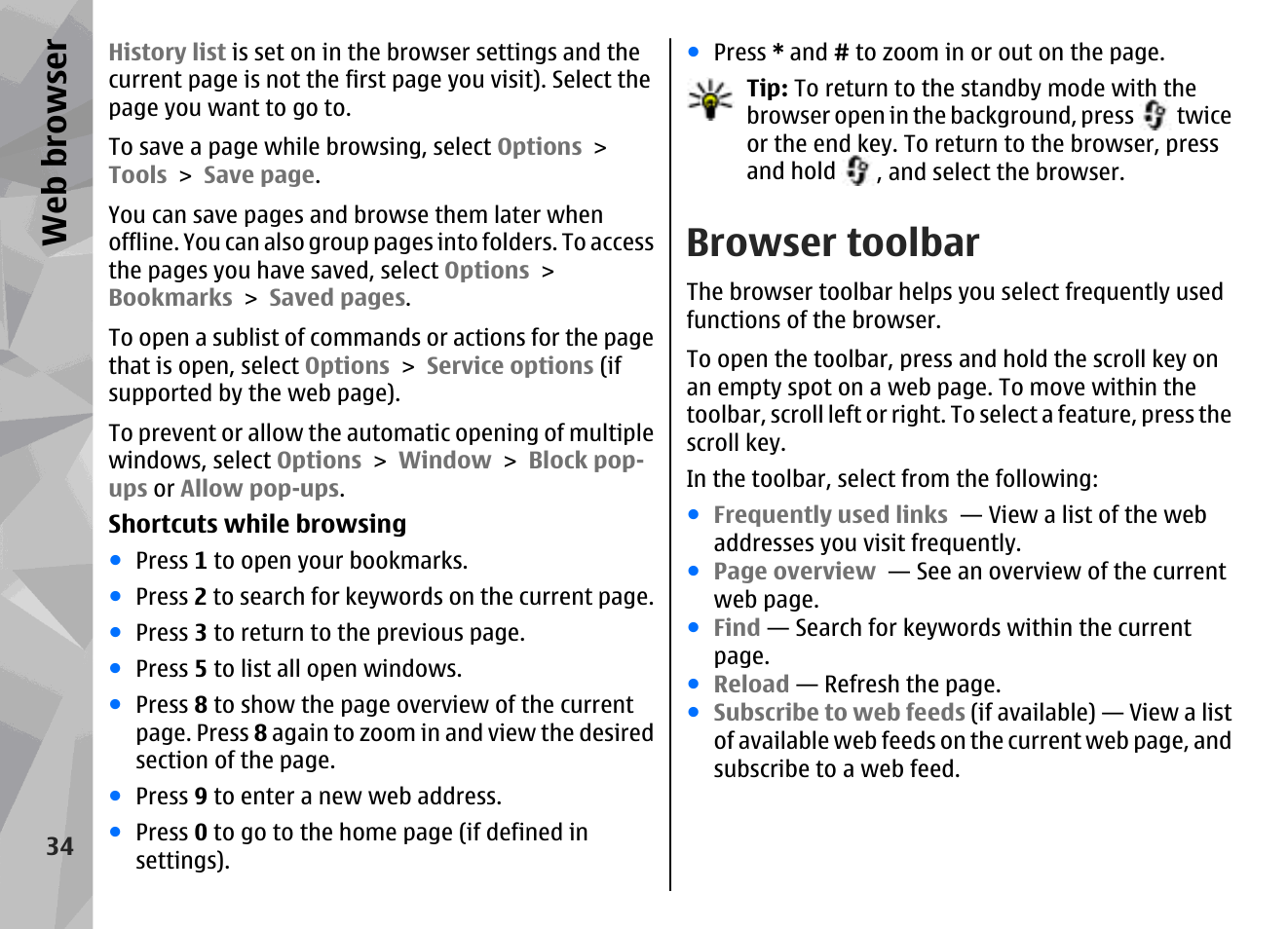 Browser toolbar, Web browser | Nokia N79 User Manual | Page 34 / 398