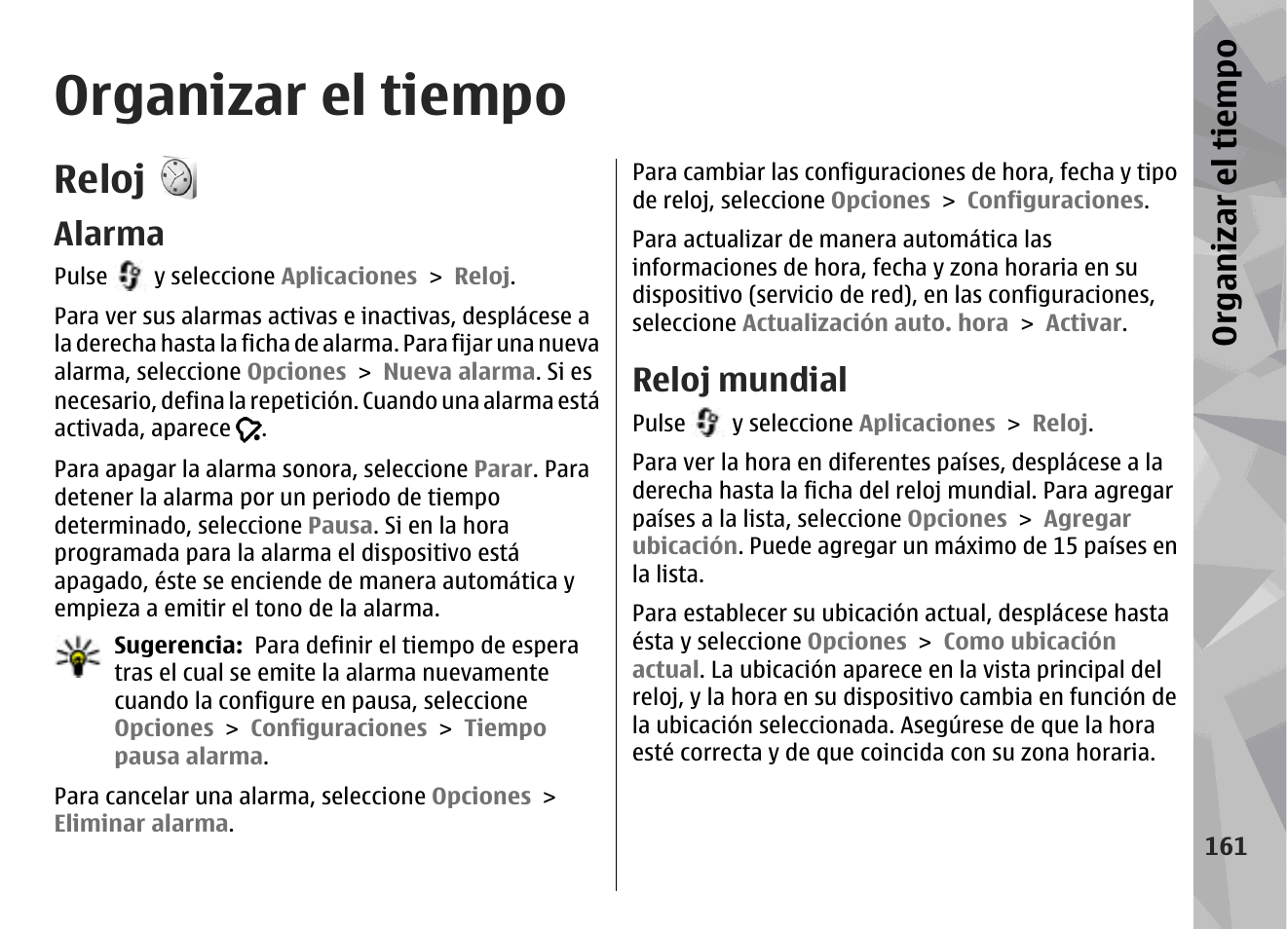 Organizar el tiempo, Reloj, Alarma | Reloj mundial, Org an izar el ti empo | Nokia N79 User Manual | Page 347 / 398