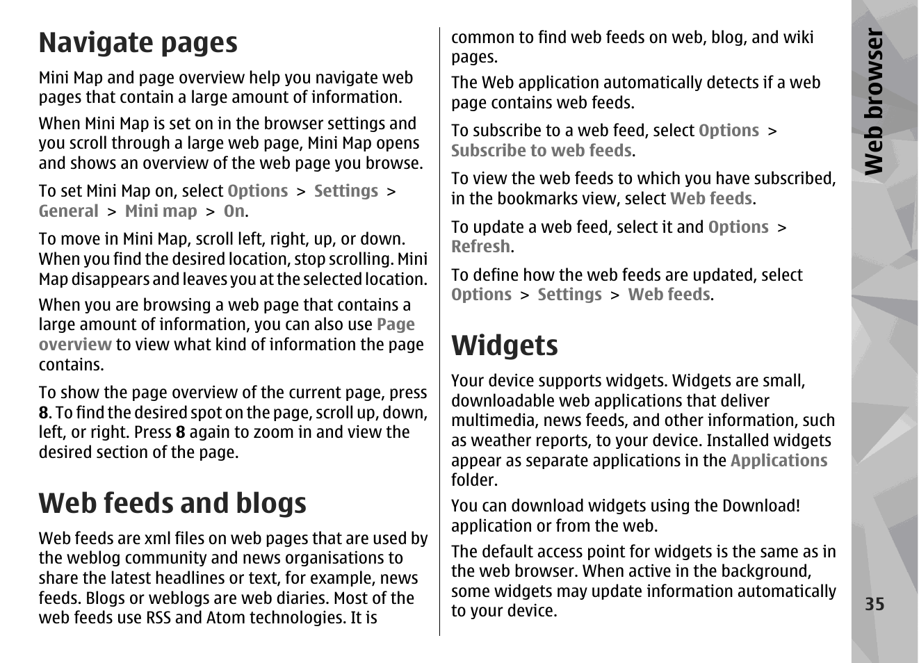 Web feeds and blogs, Widgets, Navigate pages | Web browser | Nokia N79 User Manual | Page 35 / 398