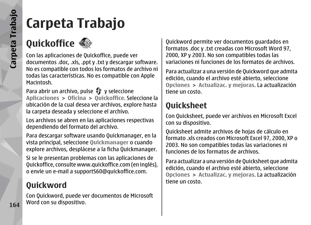 Carpeta trabajo, Quickoffice, Quickword | Quicksheet | Nokia N79 User Manual | Page 350 / 398