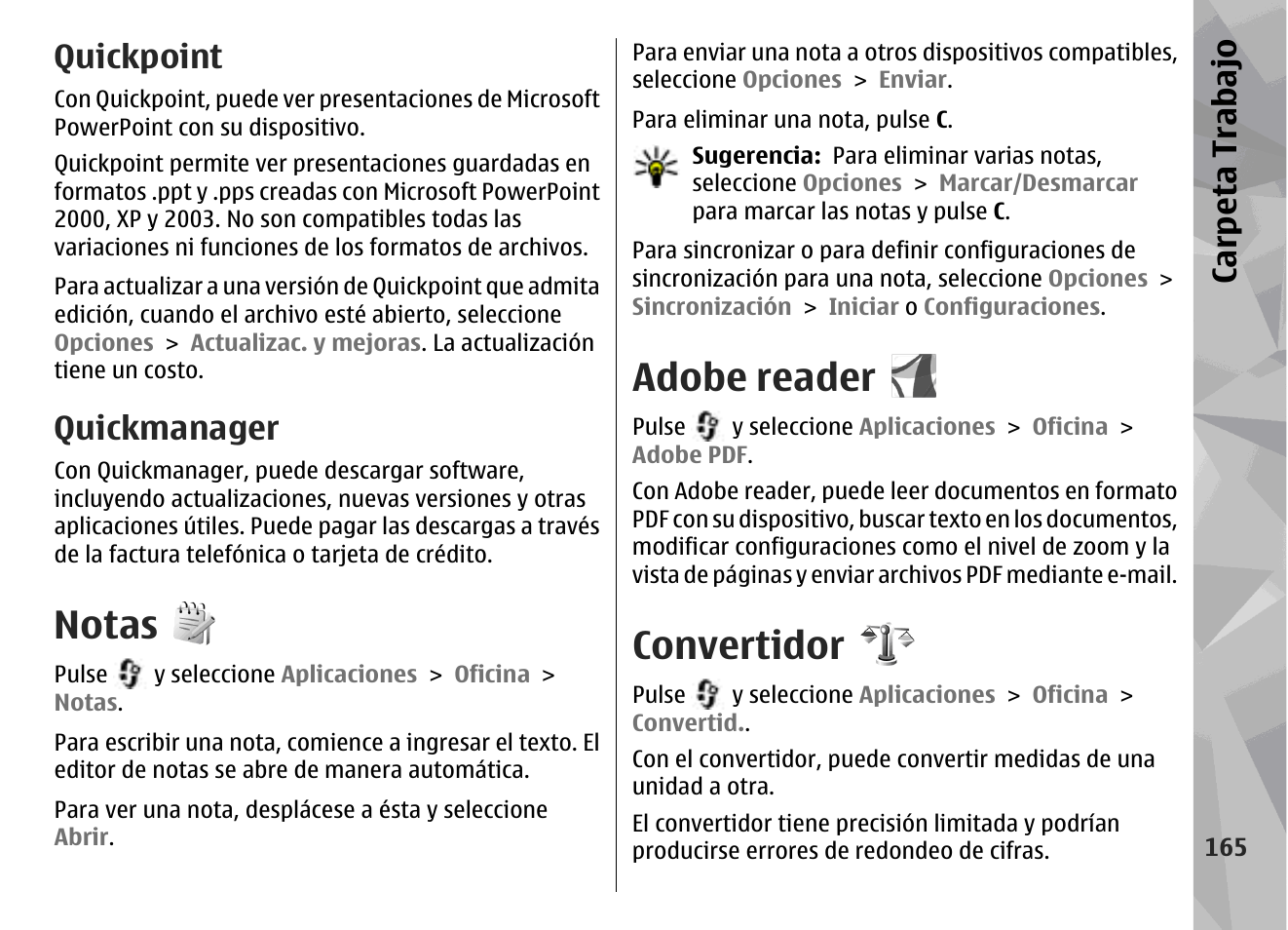 Quickpoint, Quickmanager, Notas | Adobe reader, Convertidor, Carpeta trabajo | Nokia N79 User Manual | Page 351 / 398