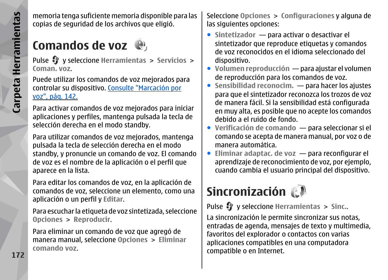 Comandos de voz, Sincronización, Carpeta herramientas | Nokia N79 User Manual | Page 358 / 398