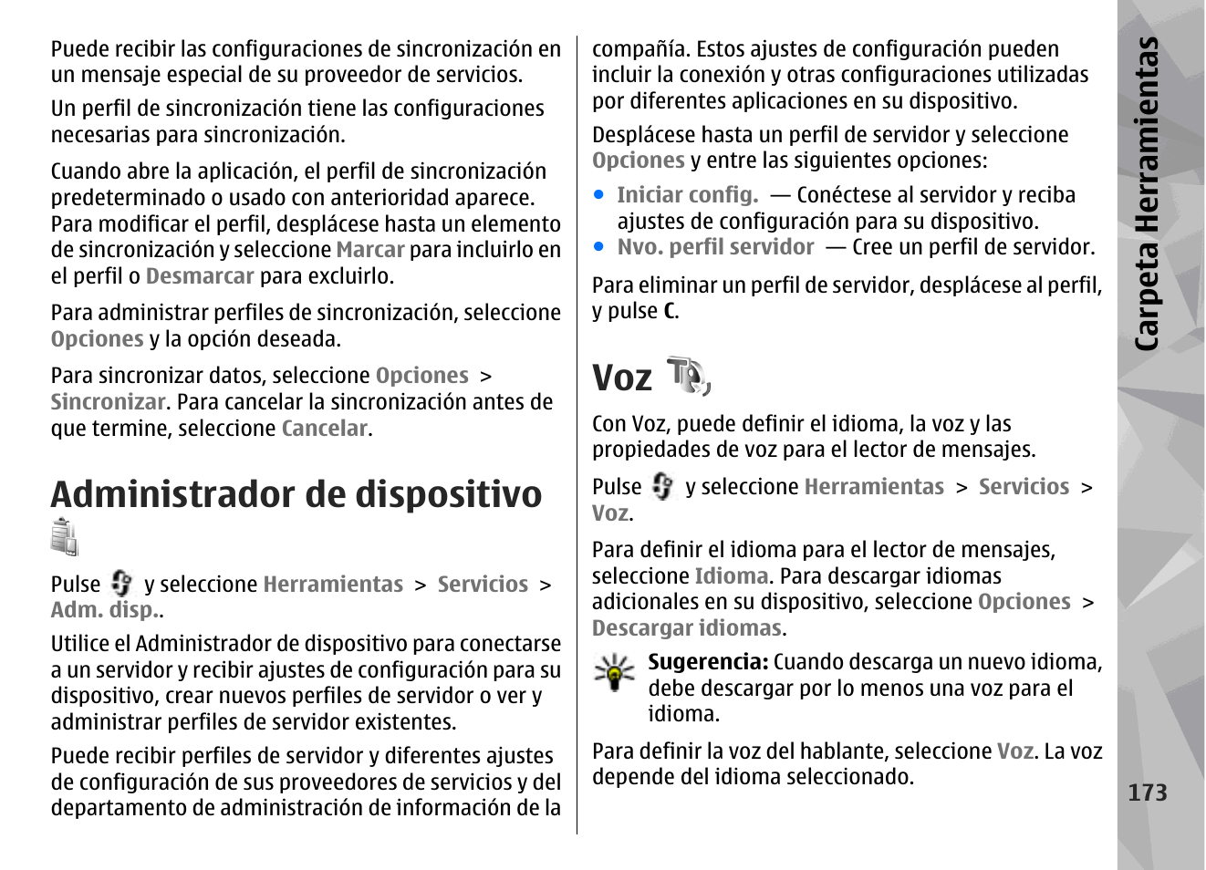 Administrador de dispositivo, Carpeta herramientas | Nokia N79 User Manual | Page 359 / 398