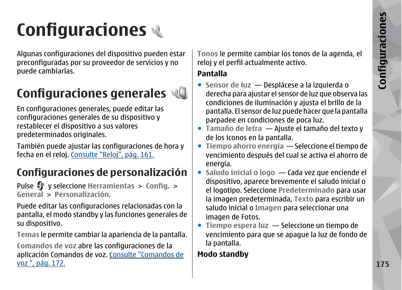 Configuraciones, Configuraciones generales, Configuraciones de personalización | Nokia N79 User Manual | Page 361 / 398