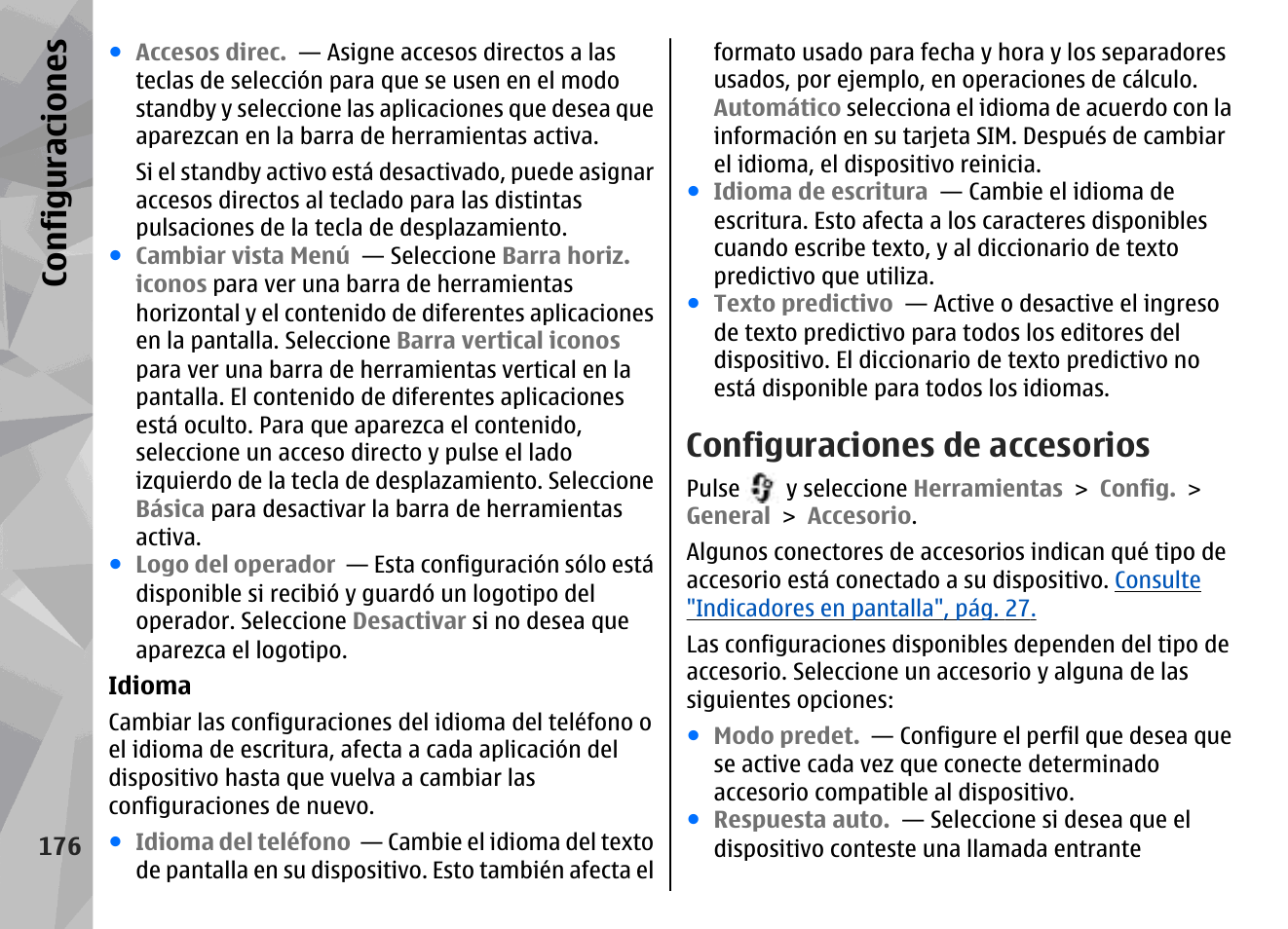 Configuraciones de accesorios, Configuraciones | Nokia N79 User Manual | Page 362 / 398