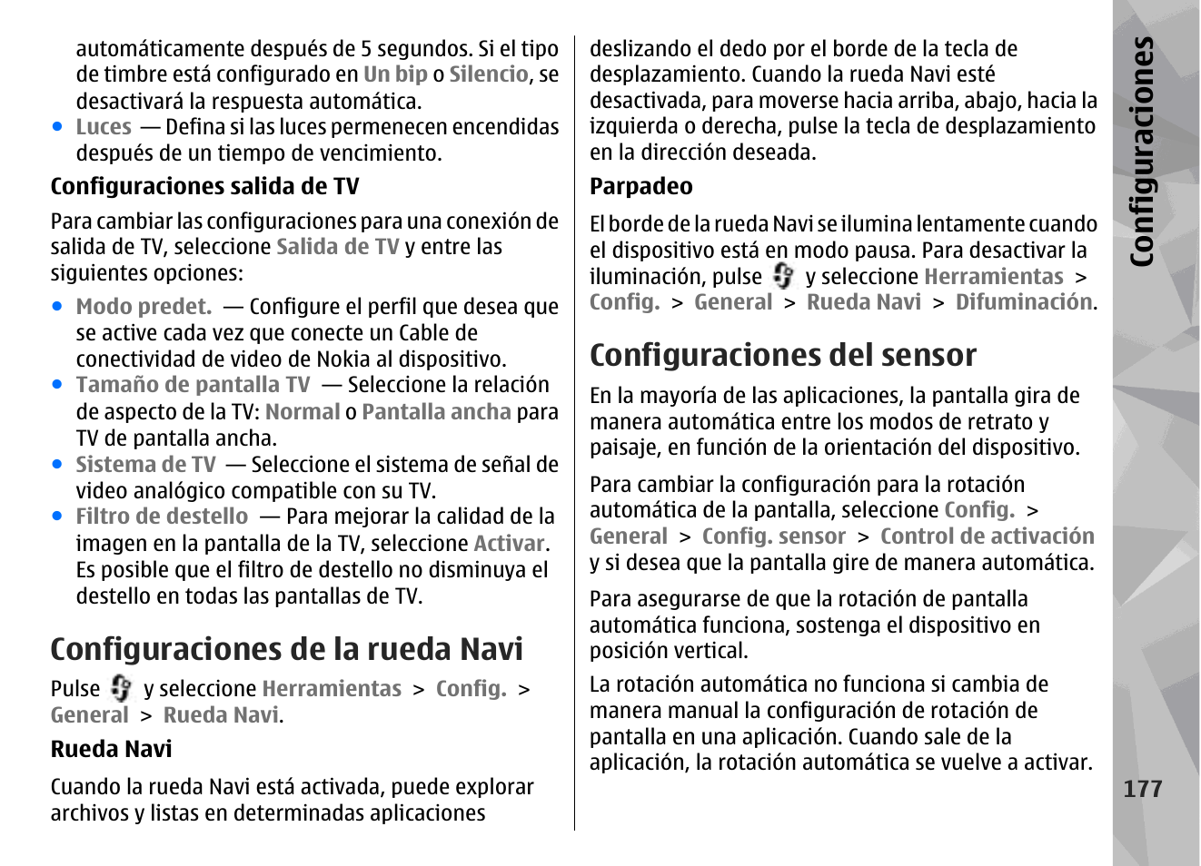 Configuraciones de la rueda navi, Configuraciones del sensor, Configuraciones | Nokia N79 User Manual | Page 363 / 398