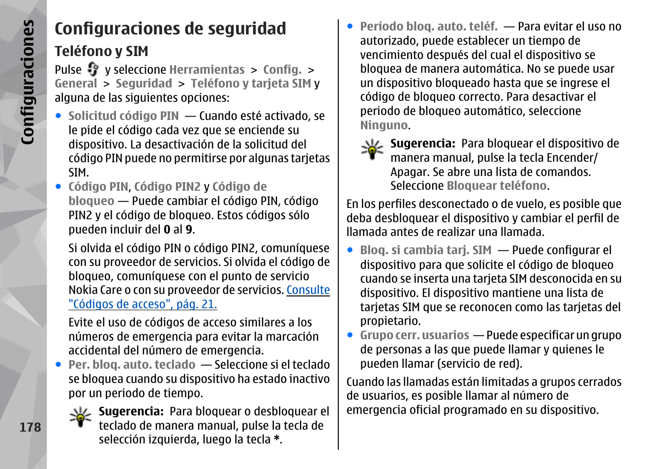 Configuraciones de seguridad, Teléfono y sim, Configuraciones | Nokia N79 User Manual | Page 364 / 398