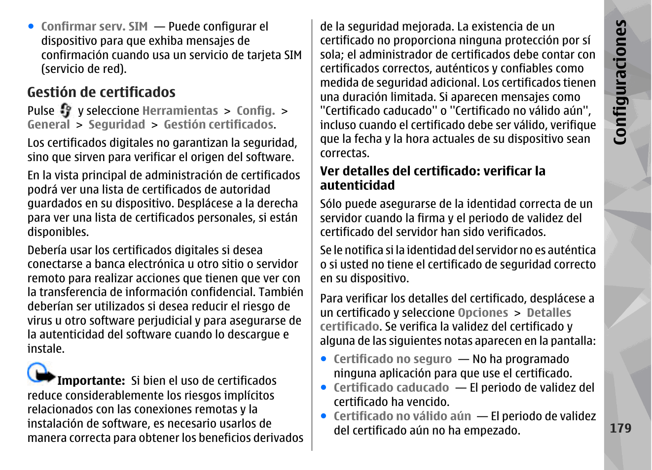 Gestión de certificados, Configuraciones | Nokia N79 User Manual | Page 365 / 398