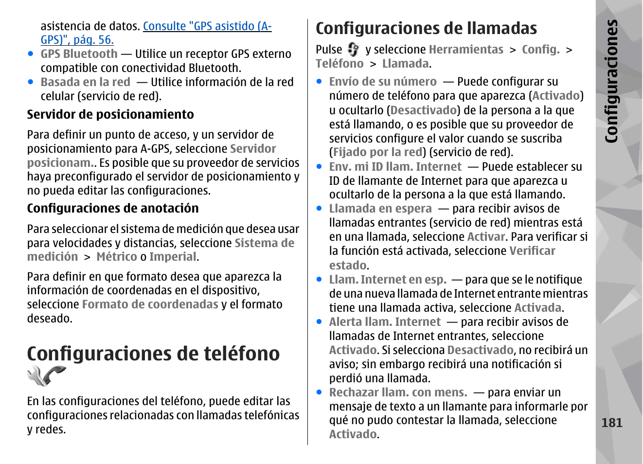 Configuraciones de teléfono, Configuraciones de llamadas, Configuraciones | Nokia N79 User Manual | Page 367 / 398