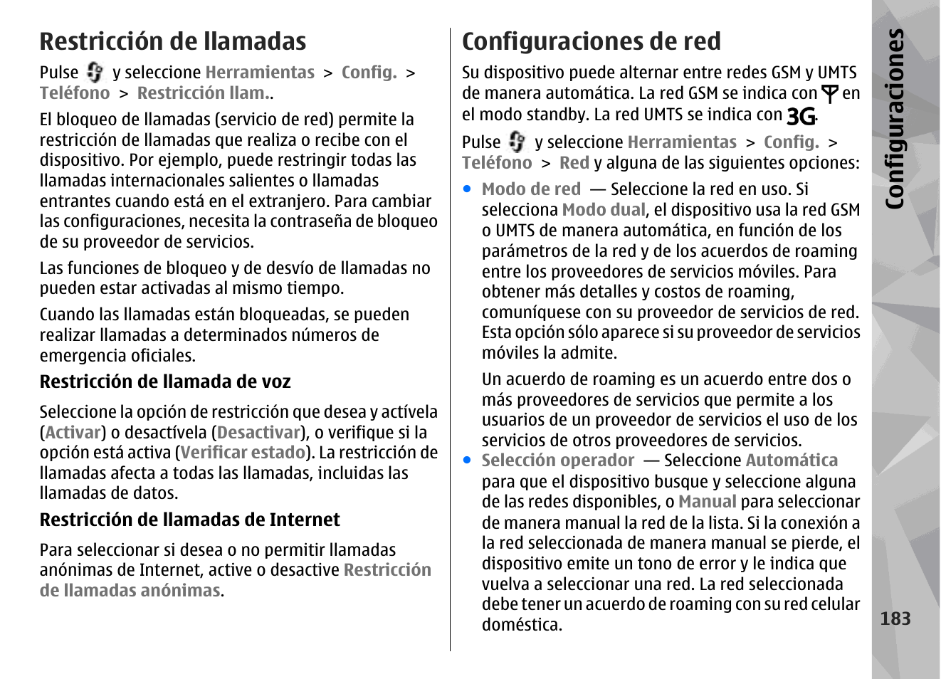 Restricción de llamadas, Configuraciones de red, Configuraciones | Nokia N79 User Manual | Page 369 / 398