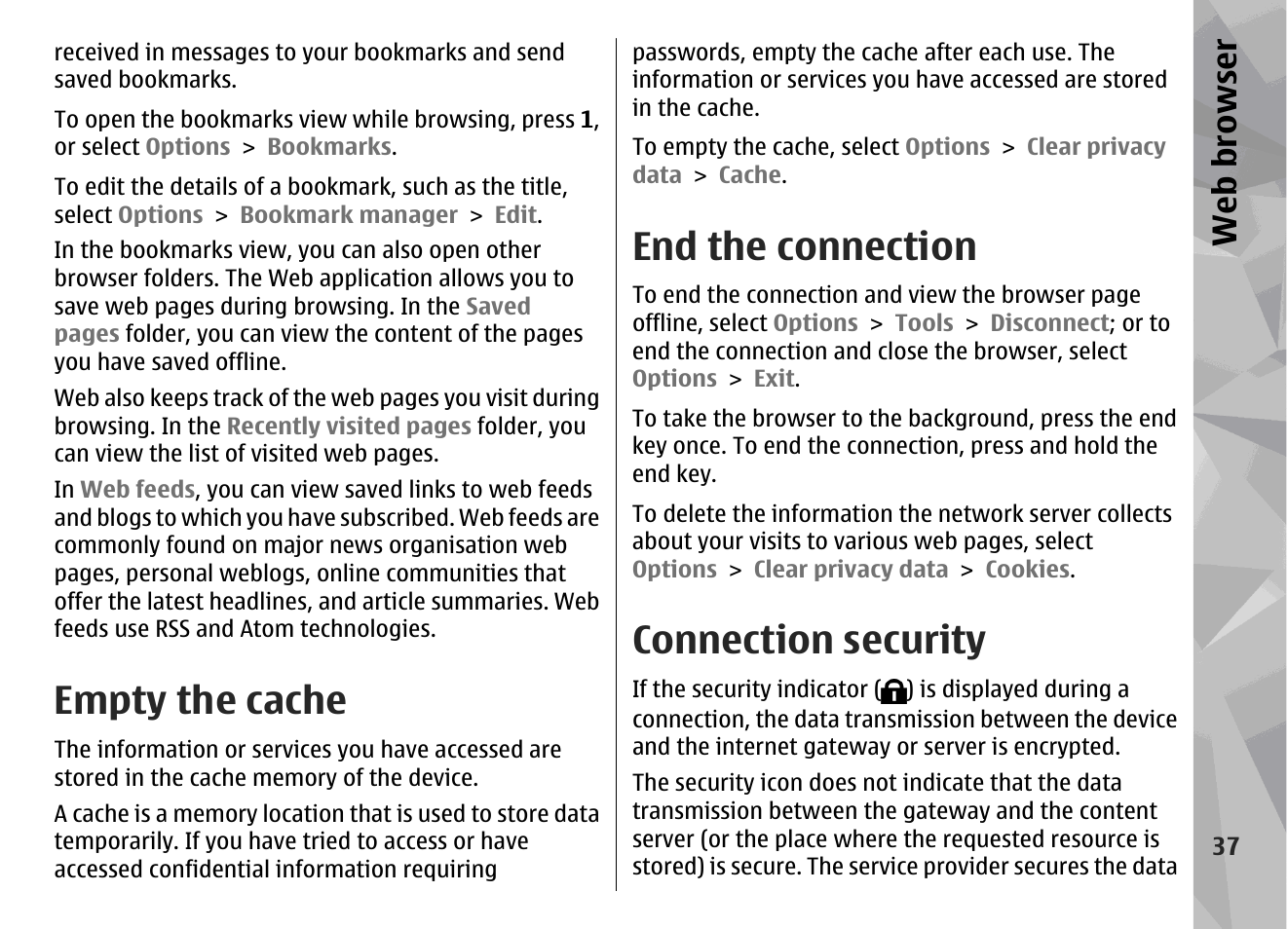 Empty the cache, End the connection, Connection security | Web browser | Nokia N79 User Manual | Page 37 / 398