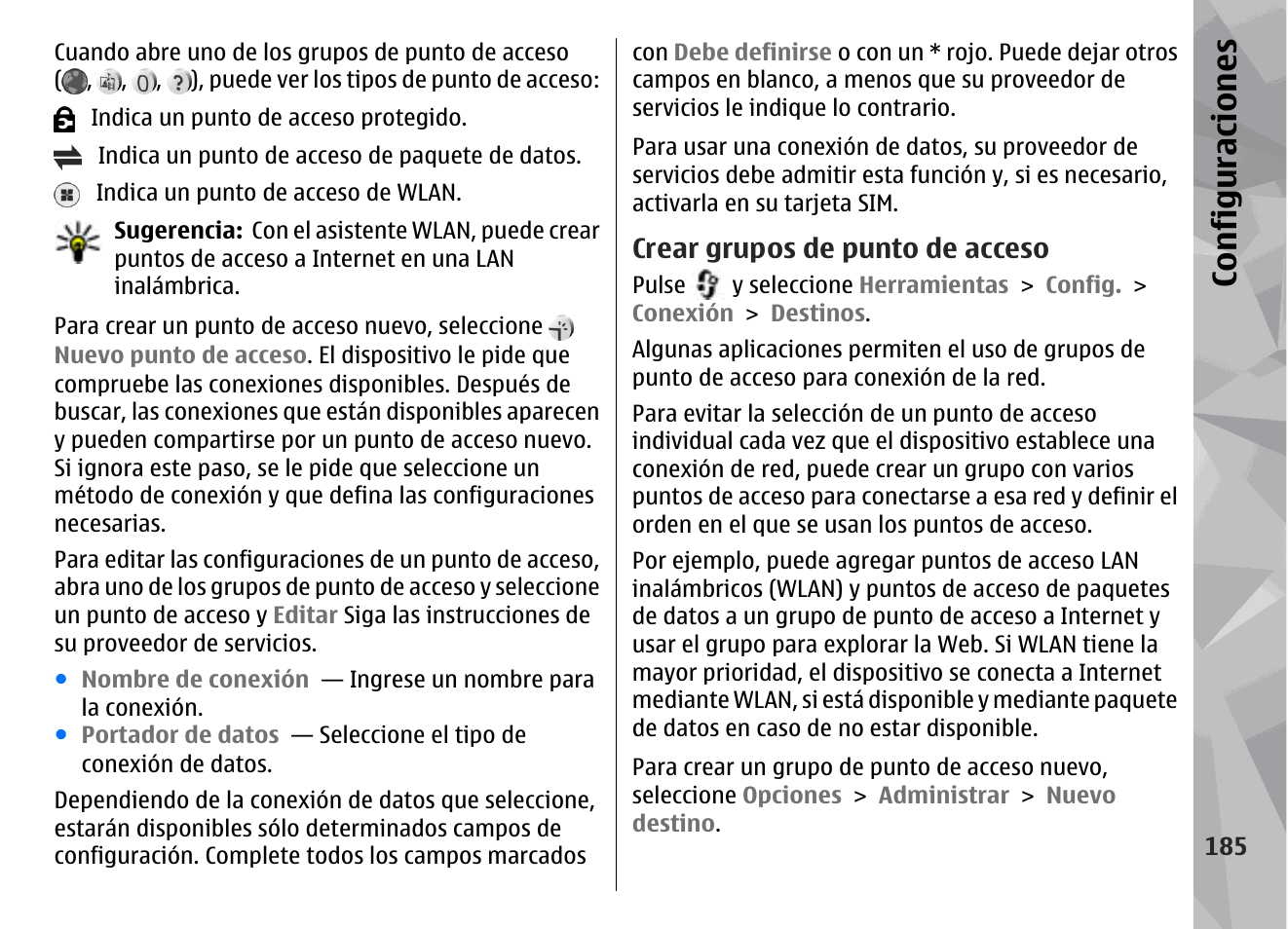 Crear grupos de punto de acceso, Configuraciones | Nokia N79 User Manual | Page 371 / 398