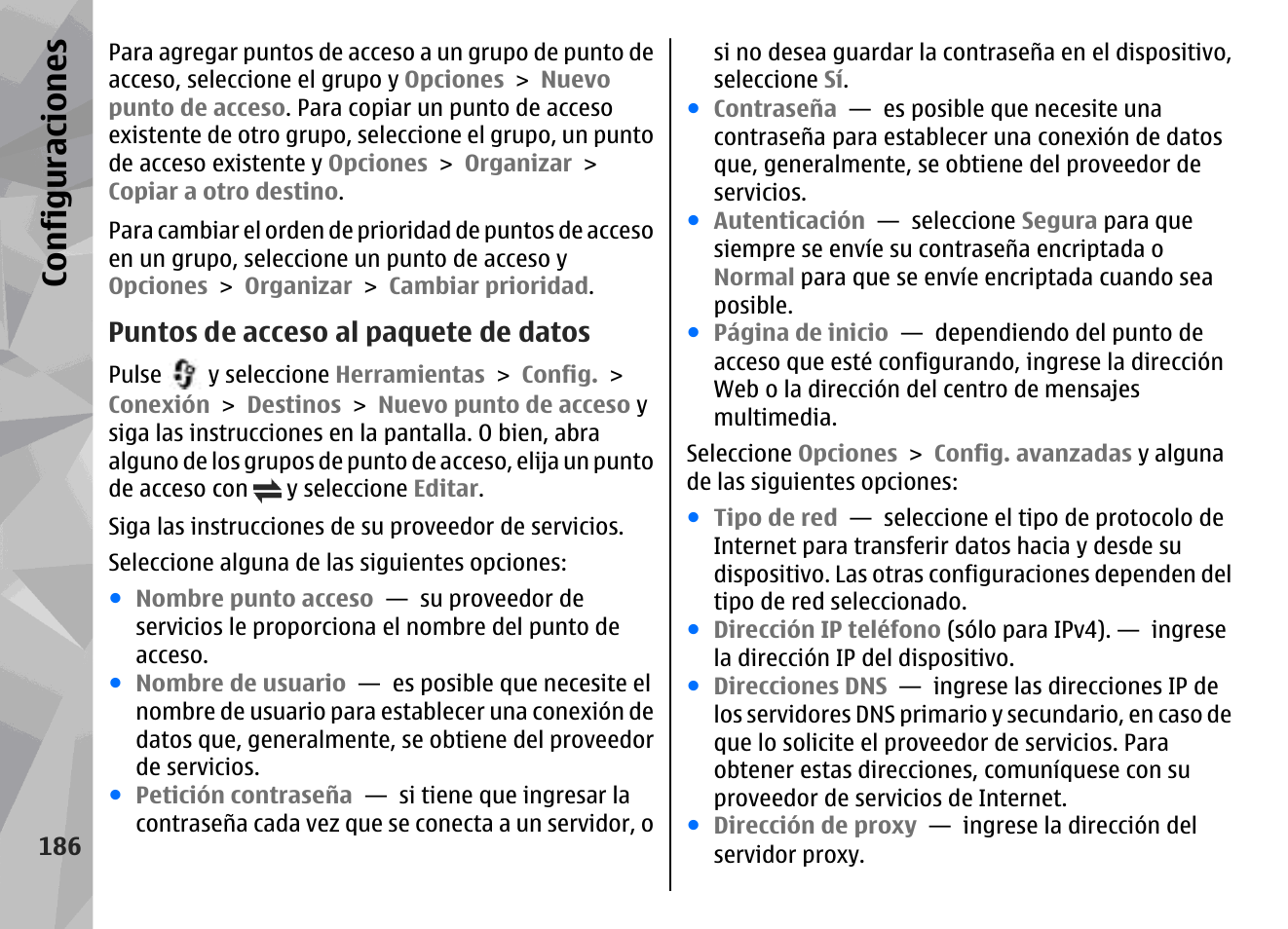 Puntos de acceso al paquete de datos, Configuraciones | Nokia N79 User Manual | Page 372 / 398