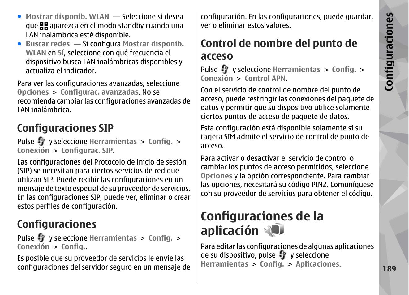 Configuraciones sip, Configuraciones, Control de nombre del punto de acceso | Configuraciones de la aplicación | Nokia N79 User Manual | Page 375 / 398