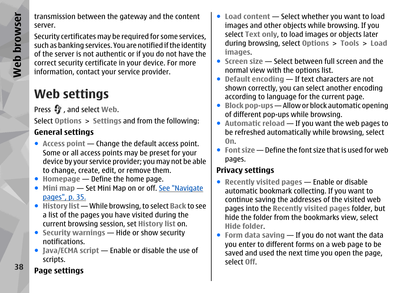 Web settings, Web browser | Nokia N79 User Manual | Page 38 / 398