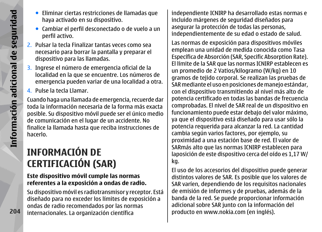Información de certificación (sar), Info rm ación a dic ion al de se gu ridad | Nokia N79 User Manual | Page 390 / 398