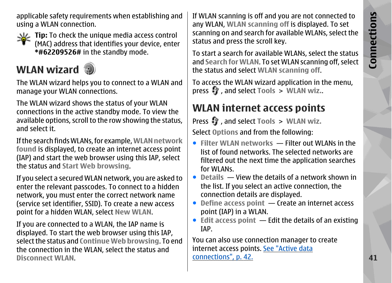 Wlan wizard, Wlan internet access points, Con nectio ns | Nokia N79 User Manual | Page 41 / 398