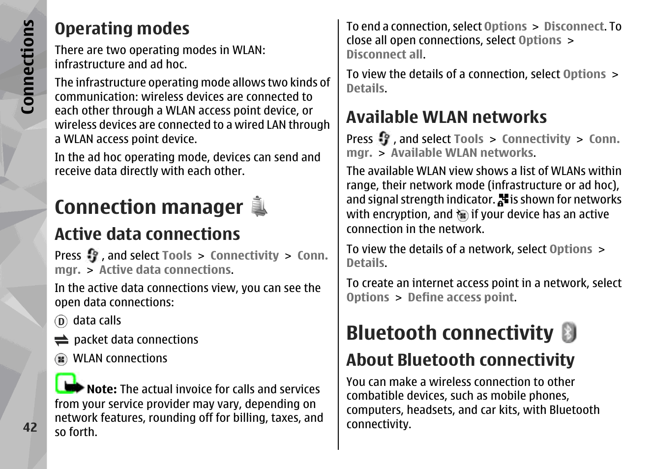 Operating modes, Connection manager, Active data connections | Available wlan networks, Bluetooth connectivity, About bluetooth connectivity, Luetooth connectivity", p. 43, Ty is on, See "bluetooth, Connectivity", p. 42 | Nokia N79 User Manual | Page 42 / 398