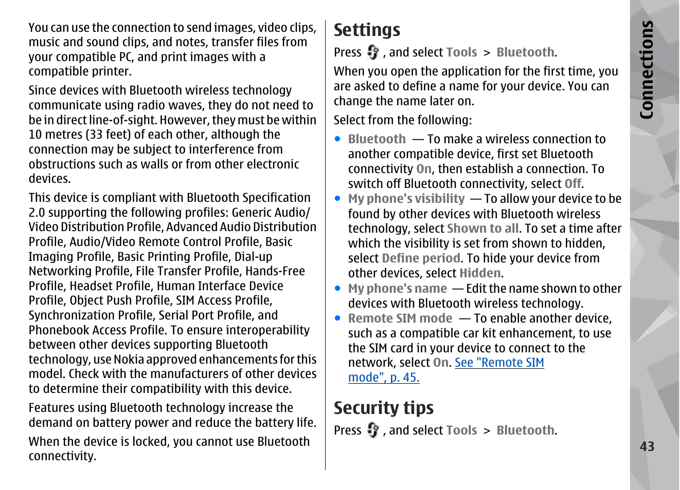 Settings, Security tips, Con nectio ns | Nokia N79 User Manual | Page 43 / 398