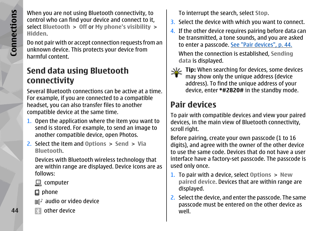Send data using bluetooth connectivity, Pair devices, Con nectio ns | Nokia N79 User Manual | Page 44 / 398
