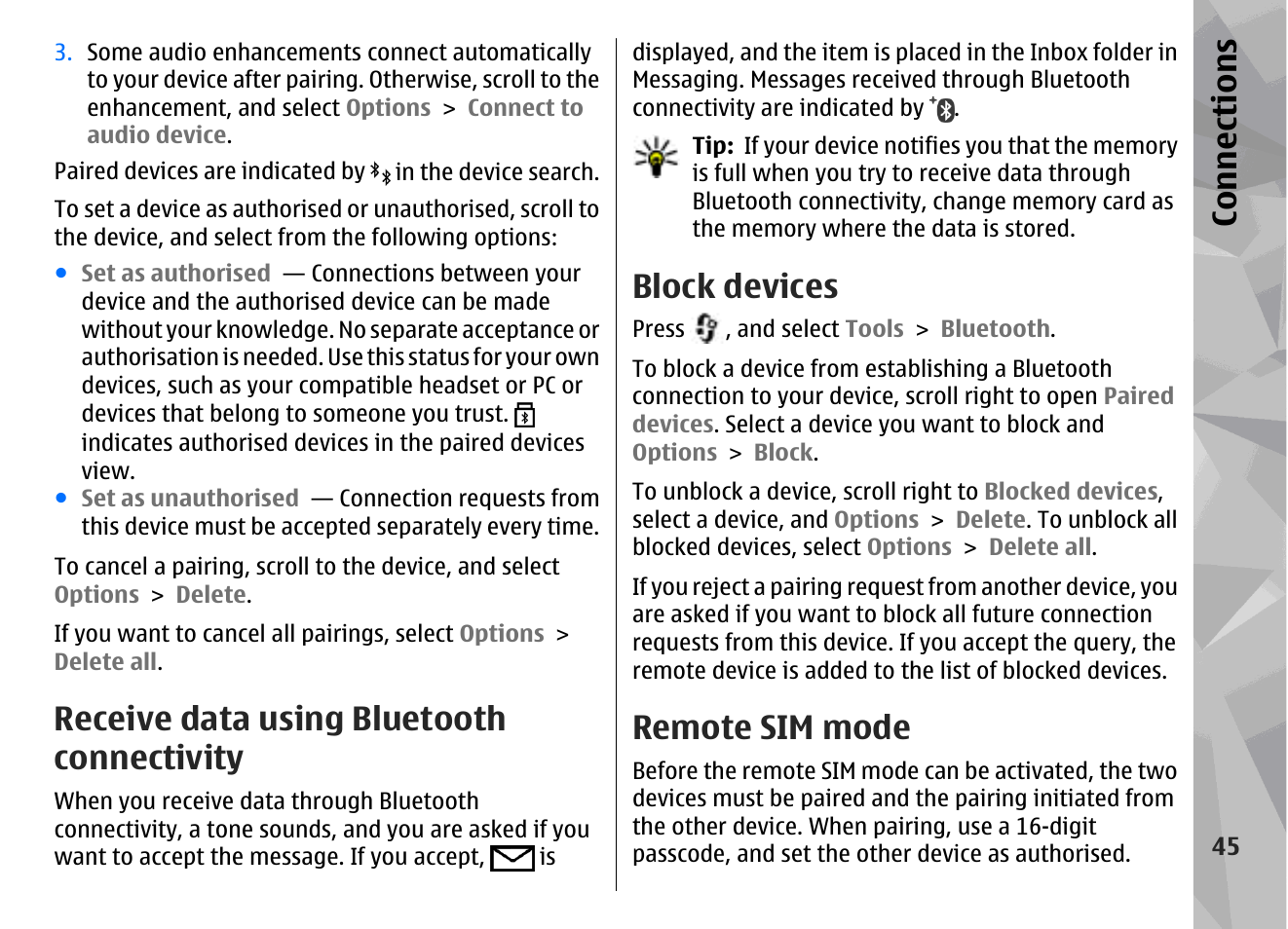 Receive data using bluetooth connectivity, Block devices, Remote sim mode | Con nectio ns | Nokia N79 User Manual | Page 45 / 398