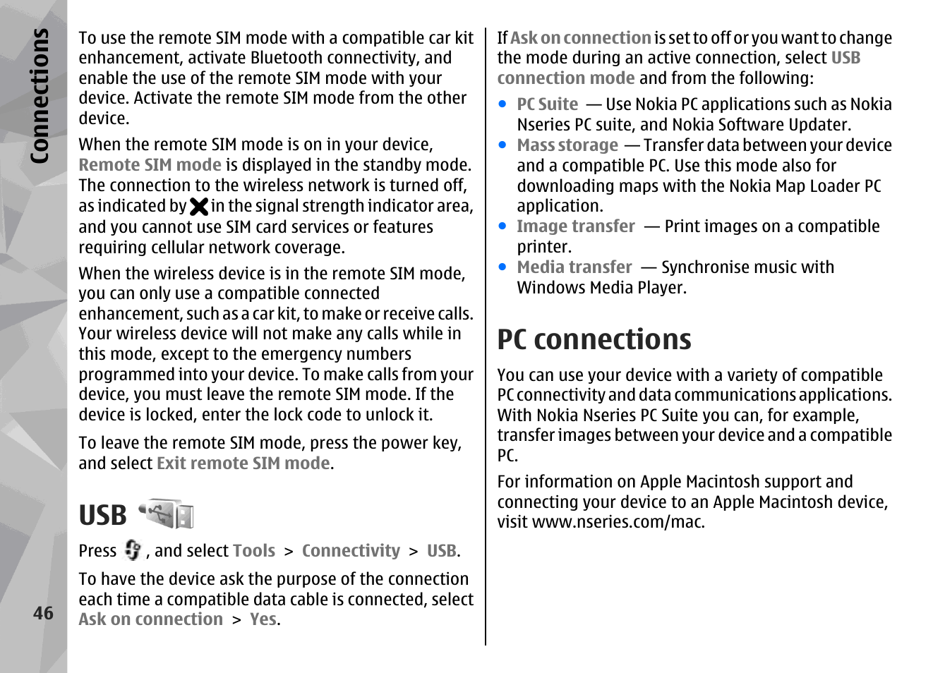 Pc connections, Ters and pcs, Con nectio ns | Nokia N79 User Manual | Page 46 / 398